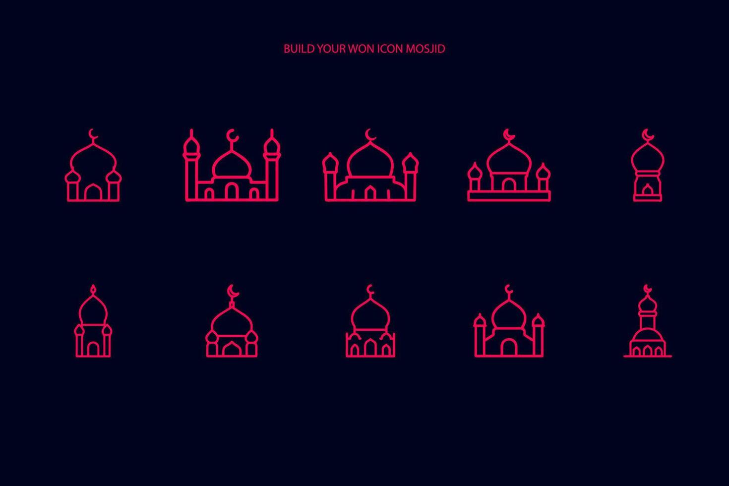 Mosque silhouette in red color outline on black background vector
