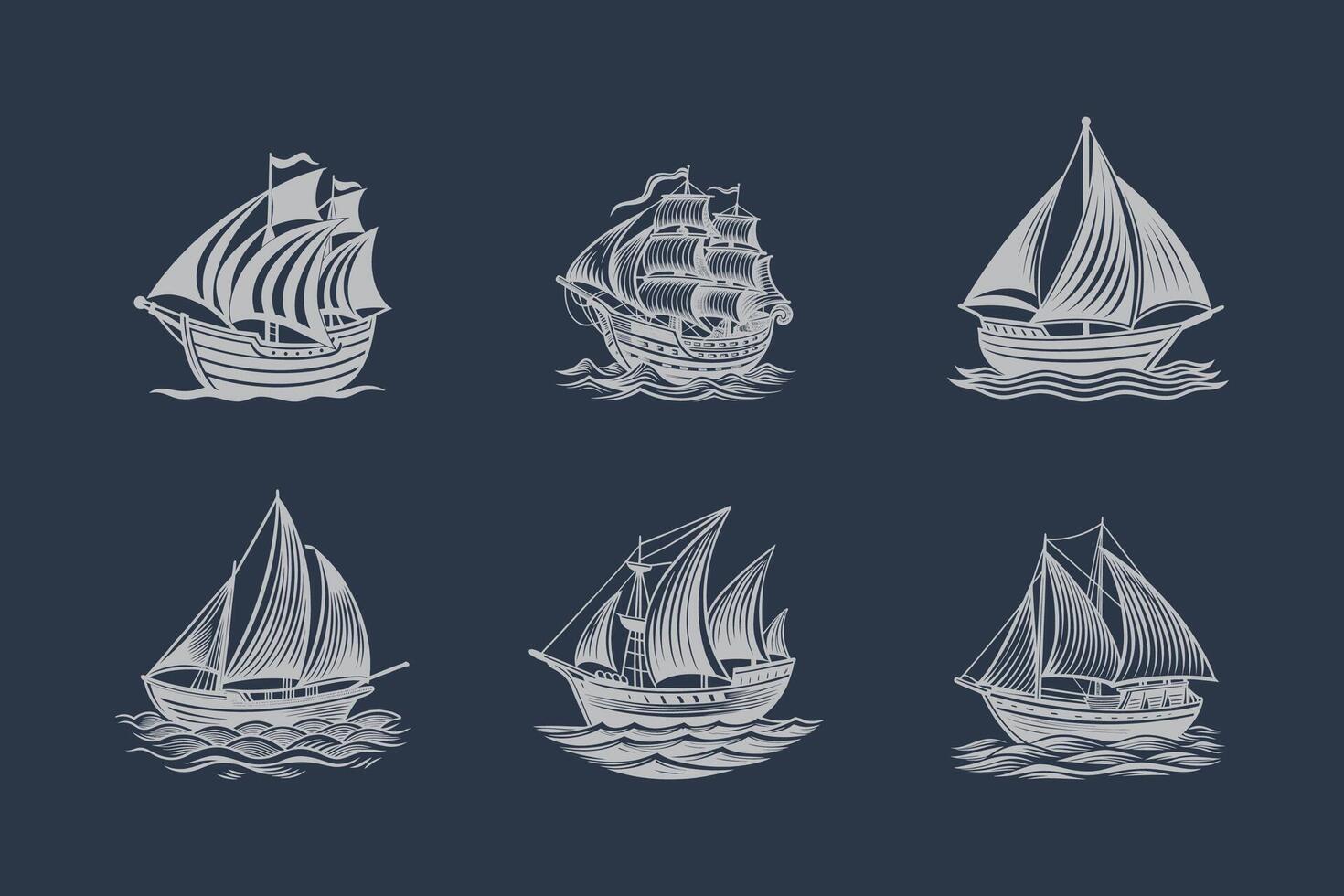 Sailing boat silhouette set on grey background vector