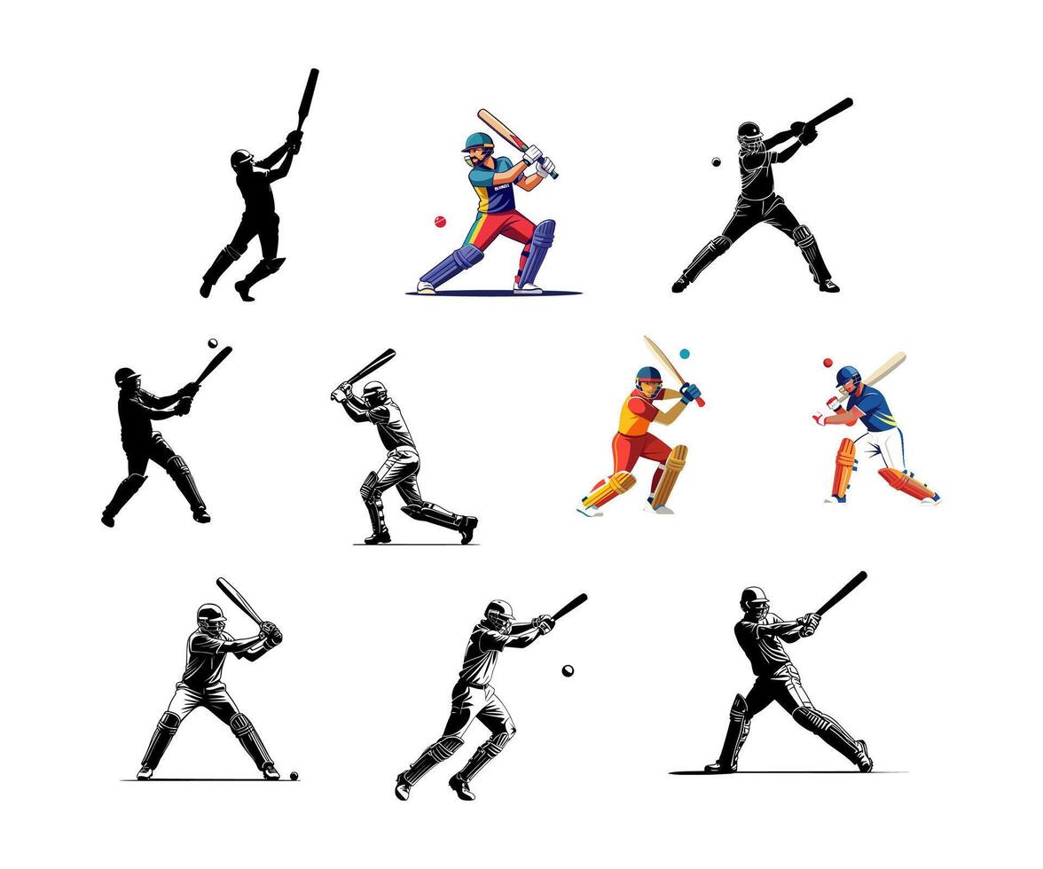 Cricket Batsman silhouette and illustration set vector