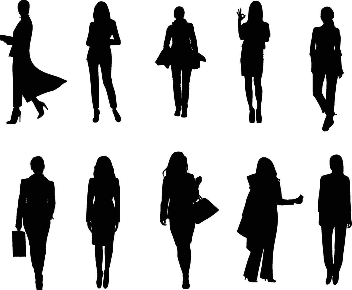 Business woman walking and standing silhouette vector