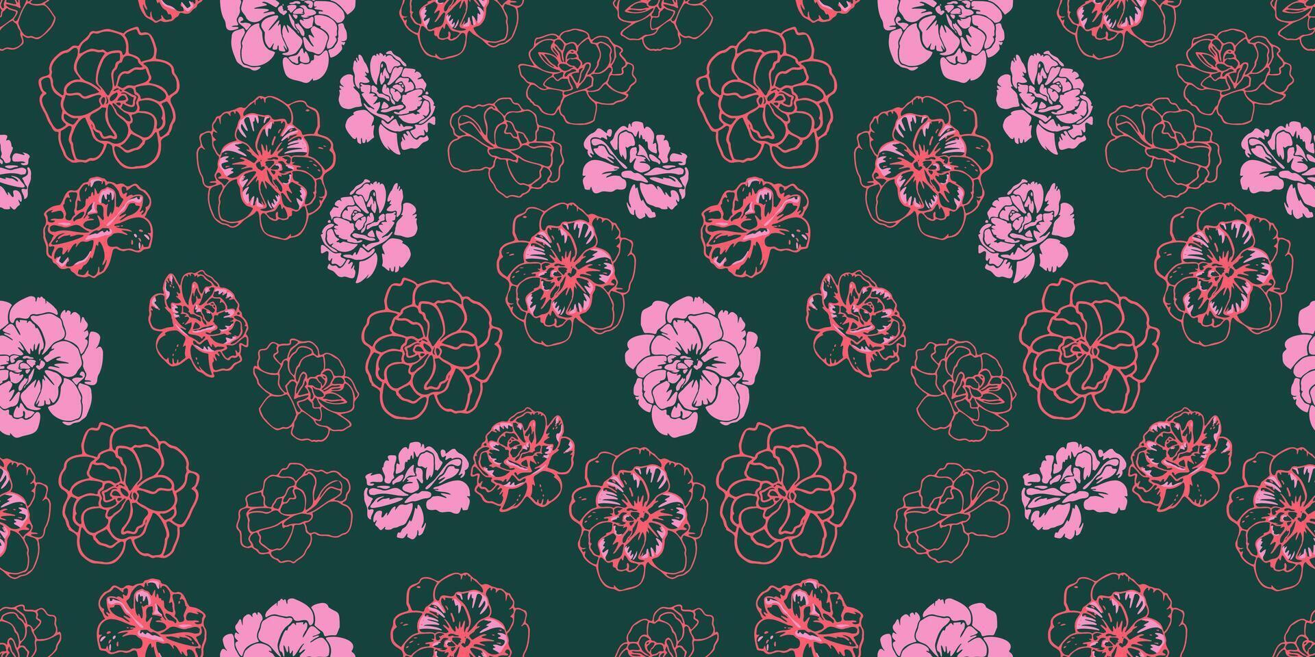 Colorful abstract shapes buttercups, pansies flowers seamless pattern on a dark green background. Creative stylized floral print. hand drawn. Fashionable nature ornament for designs vector
