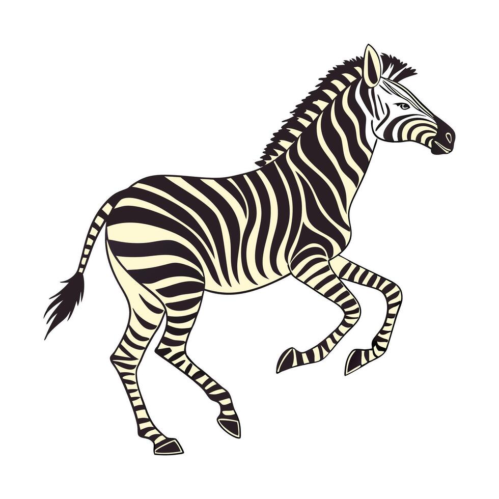 A black and white, stylized illustration of a zebra running across a grassy plain. vector