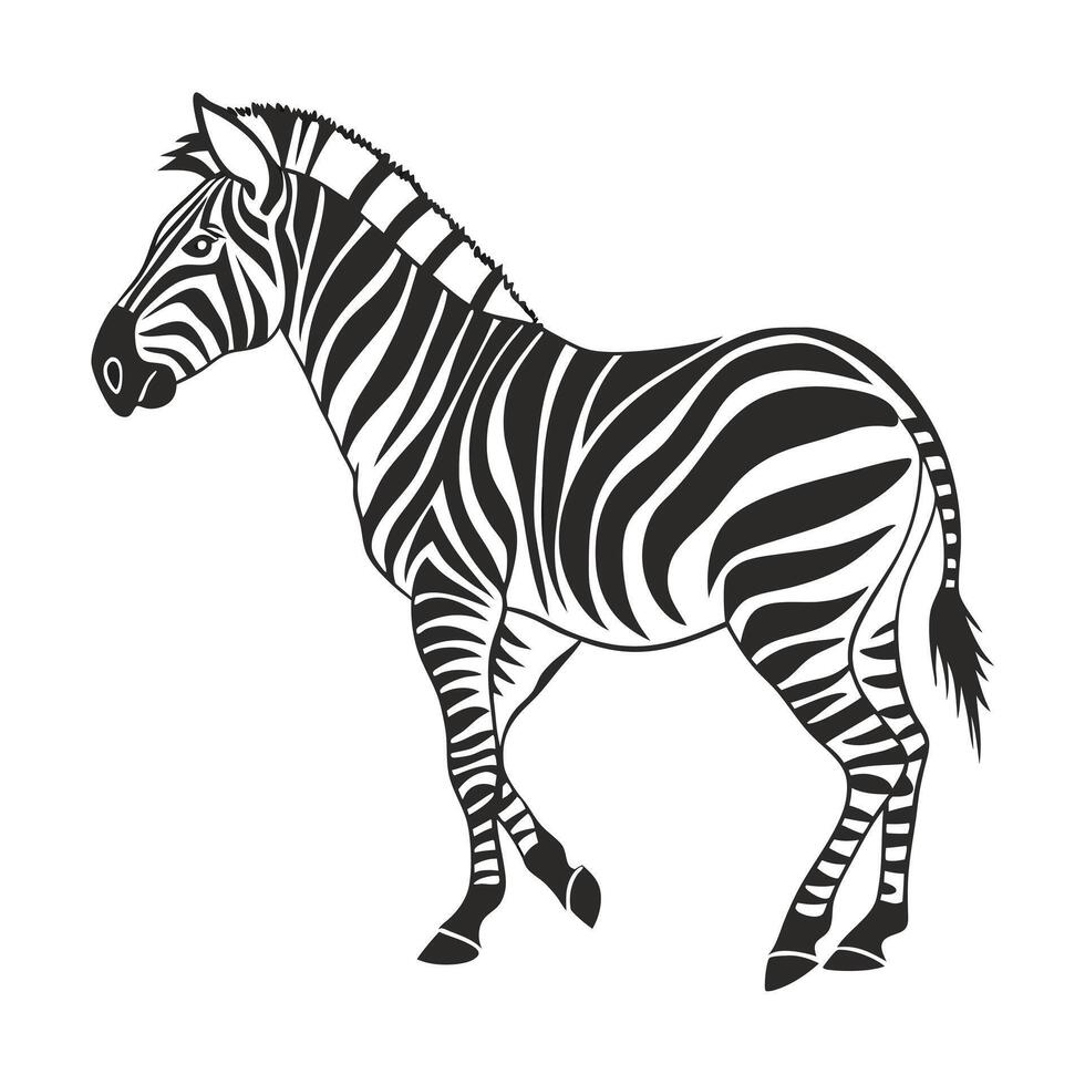 A stylized, black and white silhouette of a zebra running across a grassy plain. vector