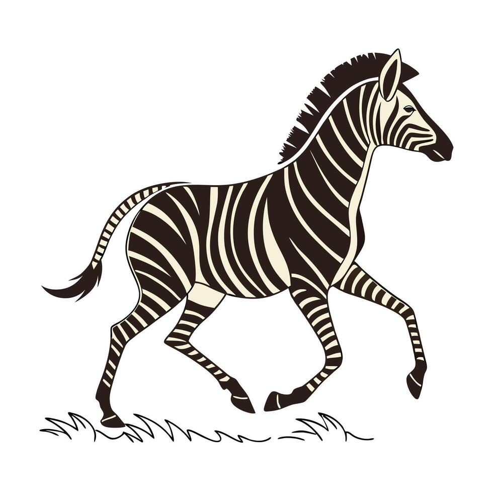 Bold black and white silhouette of a zebra running through tall grass. vector