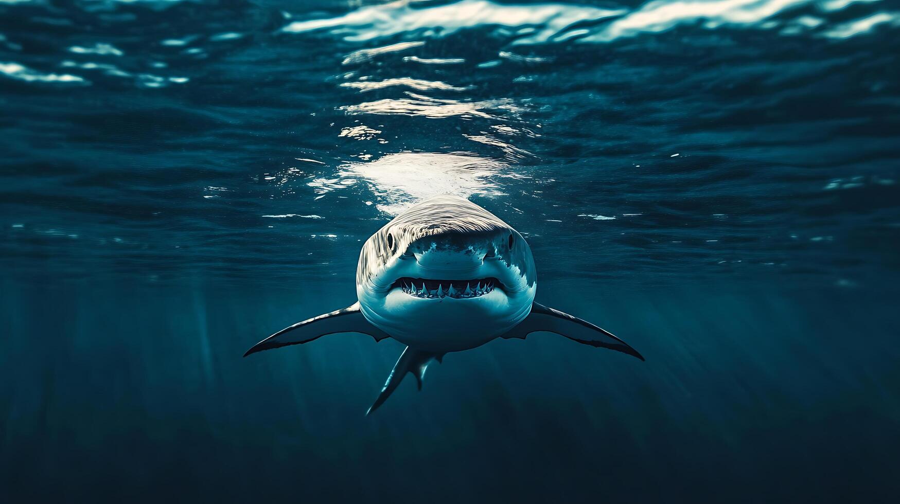 Great white shark swimming in deep blue ocean. 3D Rendering photo