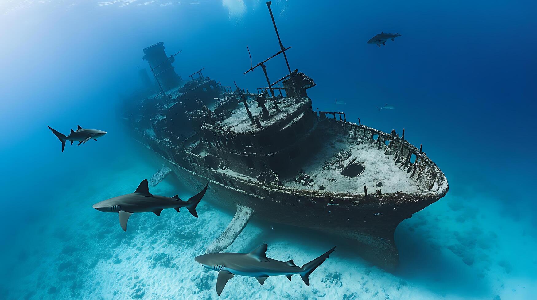 The wreck of an old ship on the seabed with sharks photo