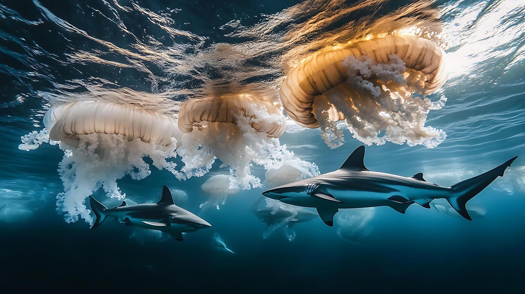 Underwater world with jellyfish and sharks. 3D rendering. photo