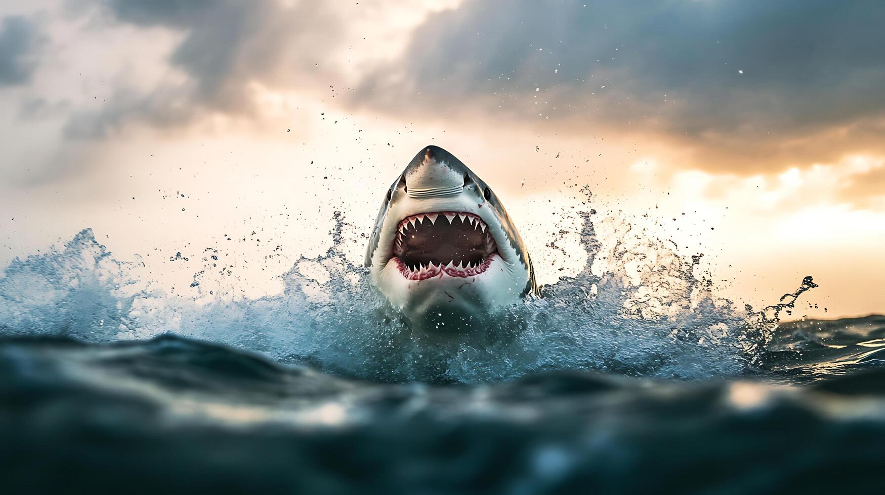 Great white shark with open mouth and sharp teeth in ocean. photo