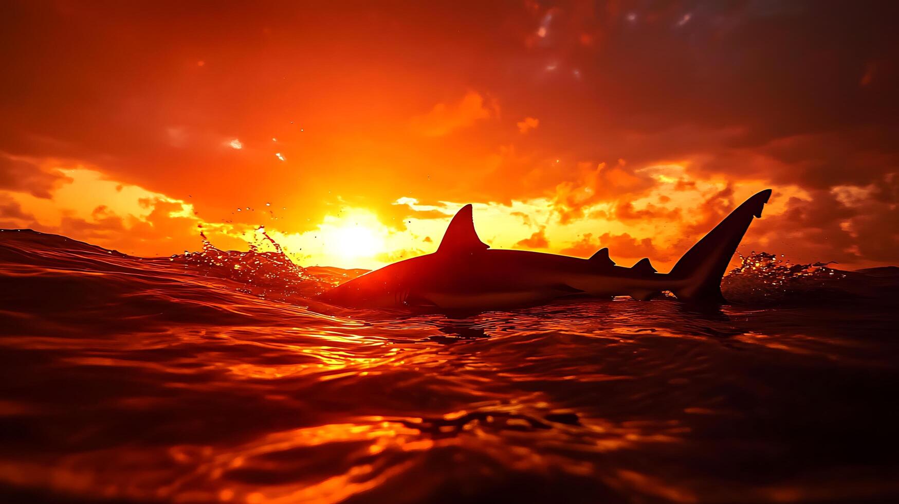 Great White Shark Carcharodon carcharias swimming in the ocean at sunset. photo