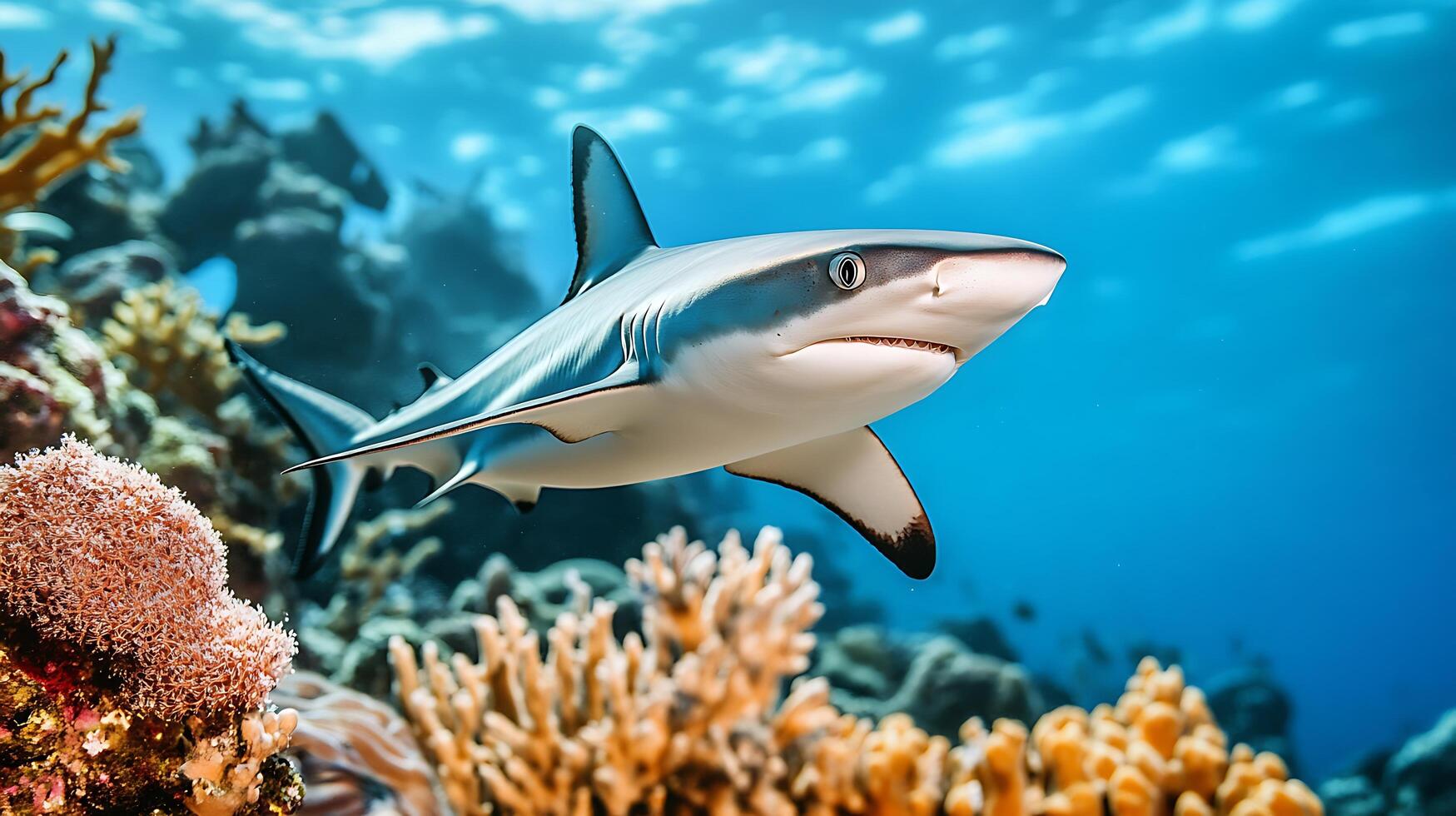 A young shark pup cautiously swims away from he protect photo