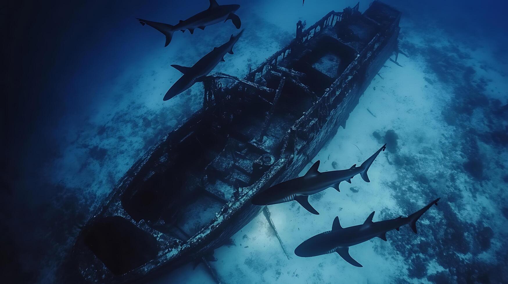 Abandoned boat on the bottom of the ocean with sharks. photo