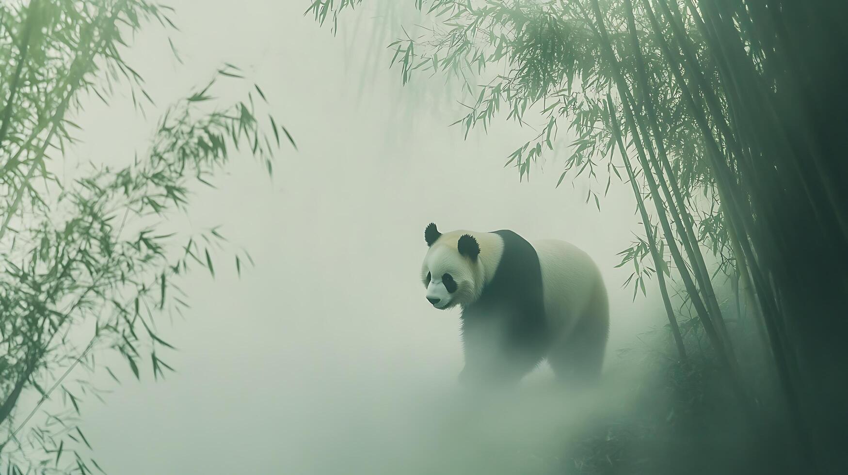 A big panda walking in a bamboo forest on a misty morning. photo