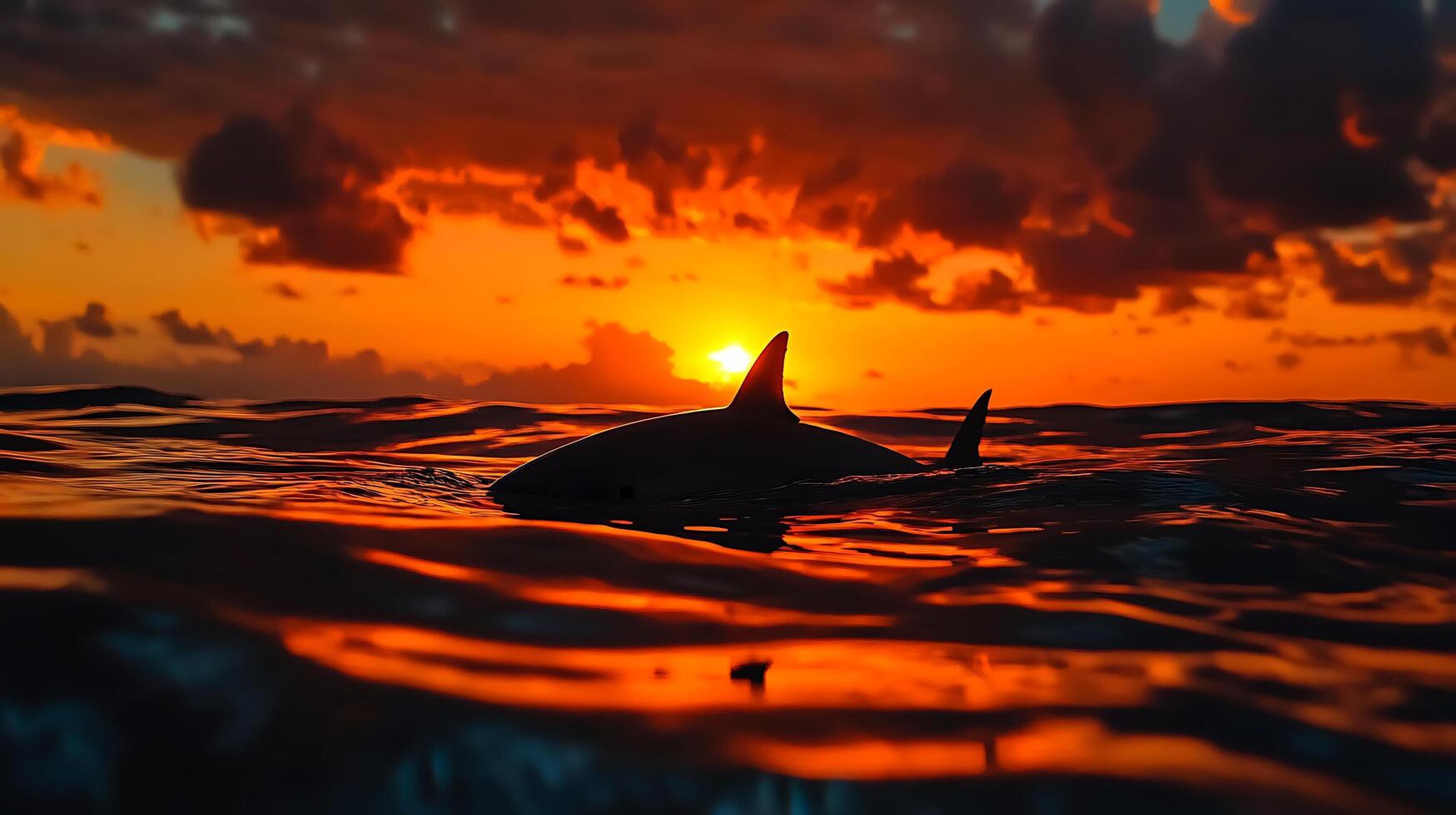 Dolphins in the sea at sunset. Beautiful dolphins swimming in the ocean. photo