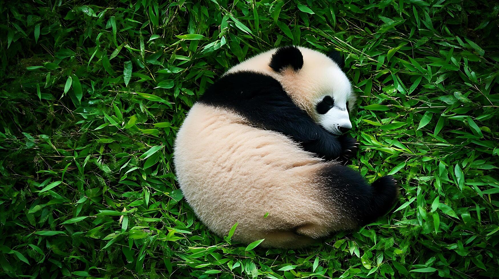 A giant panda bear sleeping on the grass in the zoo. photo