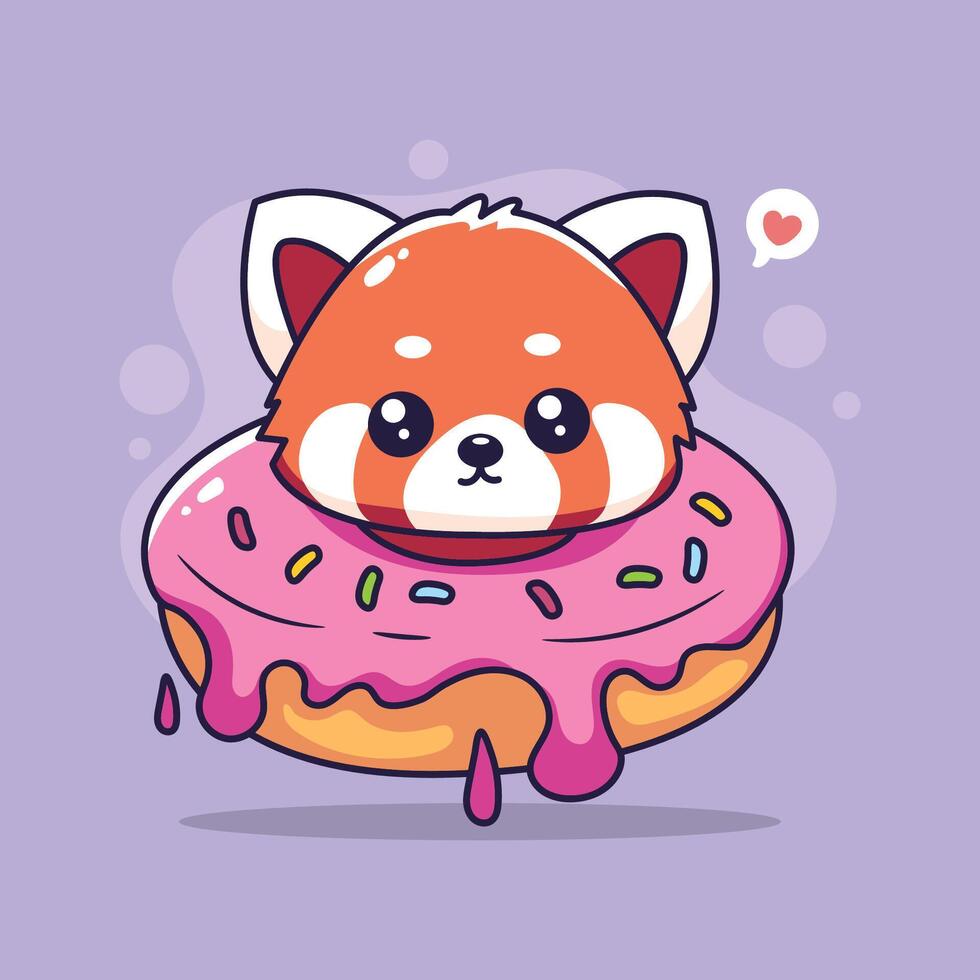 cute red panda with donut kawaii character illustration design vector