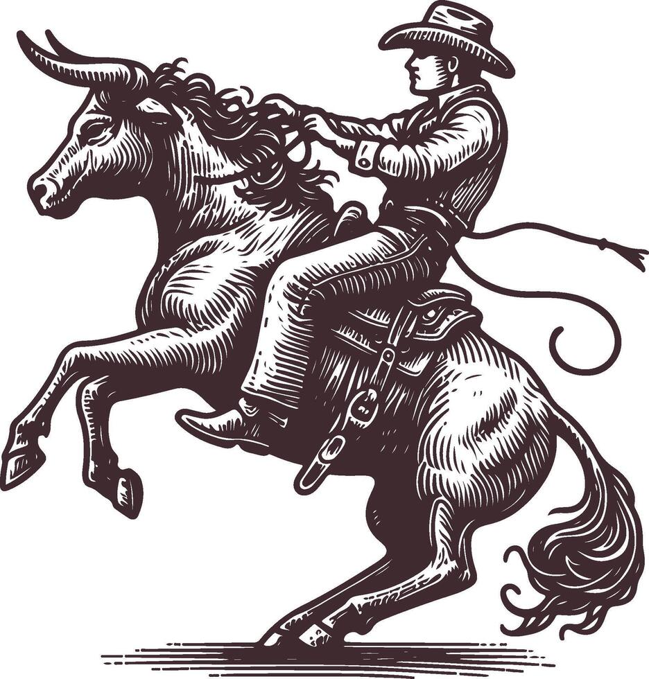 Bucking Bronco Cowboy Illustration - Rustic Rodeo Action Scene vector