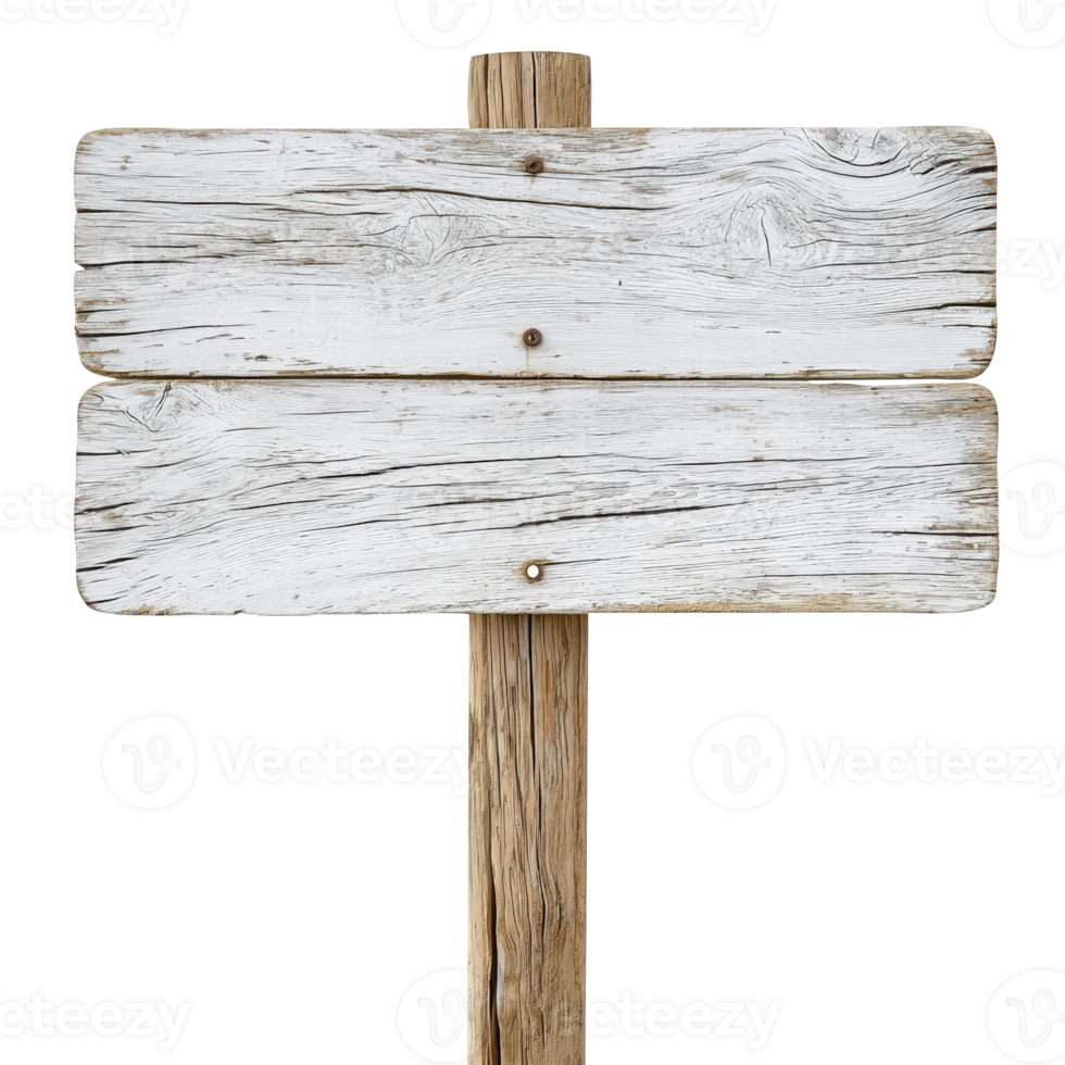 Aged whitewashed mockup wooden sign, rusty nails piercing weathered surface, mounted on wooden post isolated on transparent background png
