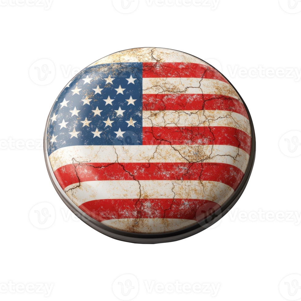 3d icon Cracked united states flag rendered on glossy round button, symbolizing political discourse against transparent backdrop png