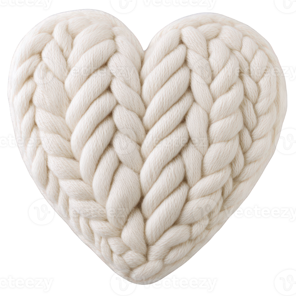 beige knitted 3d valentine cozy heart displaying intricate braiding, handcrafted with soft yarn against transparent backdrop for romantic png