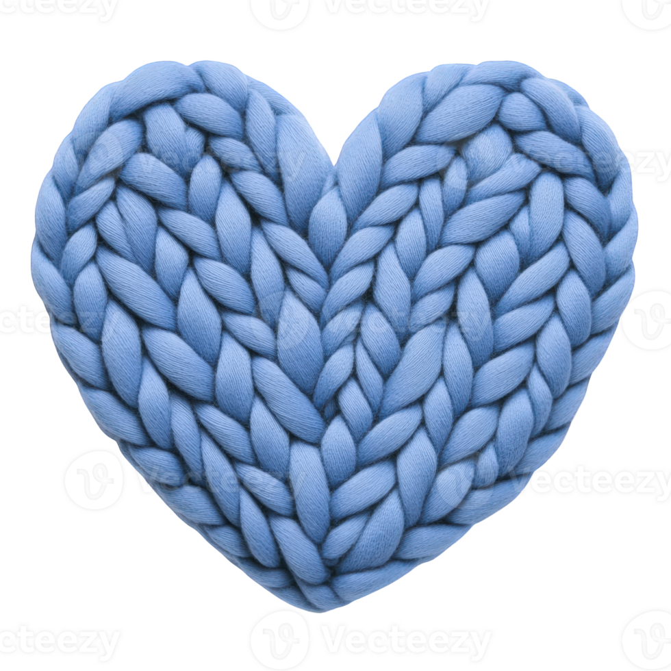 Light blue 3d merino wool giant knitted valentine heart cozy resting on transparent background surface, radiating softness and warmth with delicate texture png