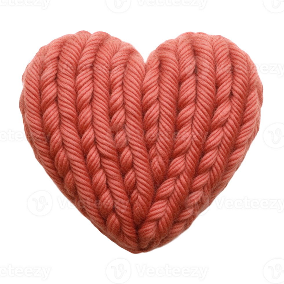 Knitted 3d valentine cozy heart in red, symbolizing love and handmade craftsmanship against transparent background png