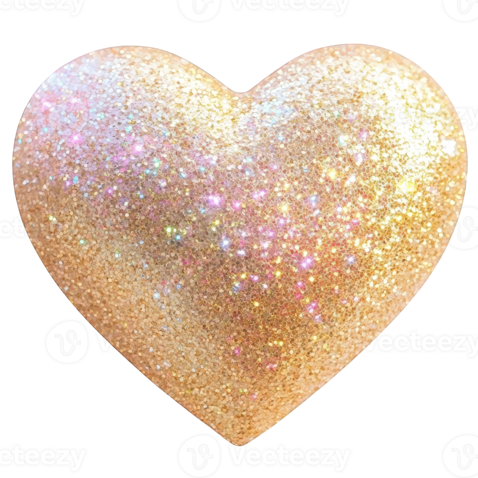 Glittering golden heart sparkling with vibrant colors against transparent surface, symbolizing romantic love valentine day celebration and festive elegance png