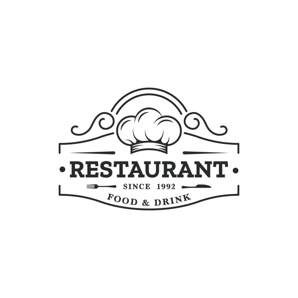 Chef and restaurant simple retro logo design with chefs hat, fork and knife. Restaurant logo template. vector