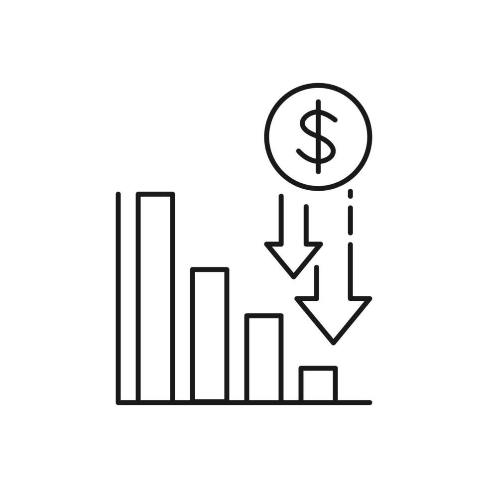 economy crisis icon, financial decrease, rate business fall, money failure, inflation or devaluation, investment loss, thin line web symbol on white background vector
