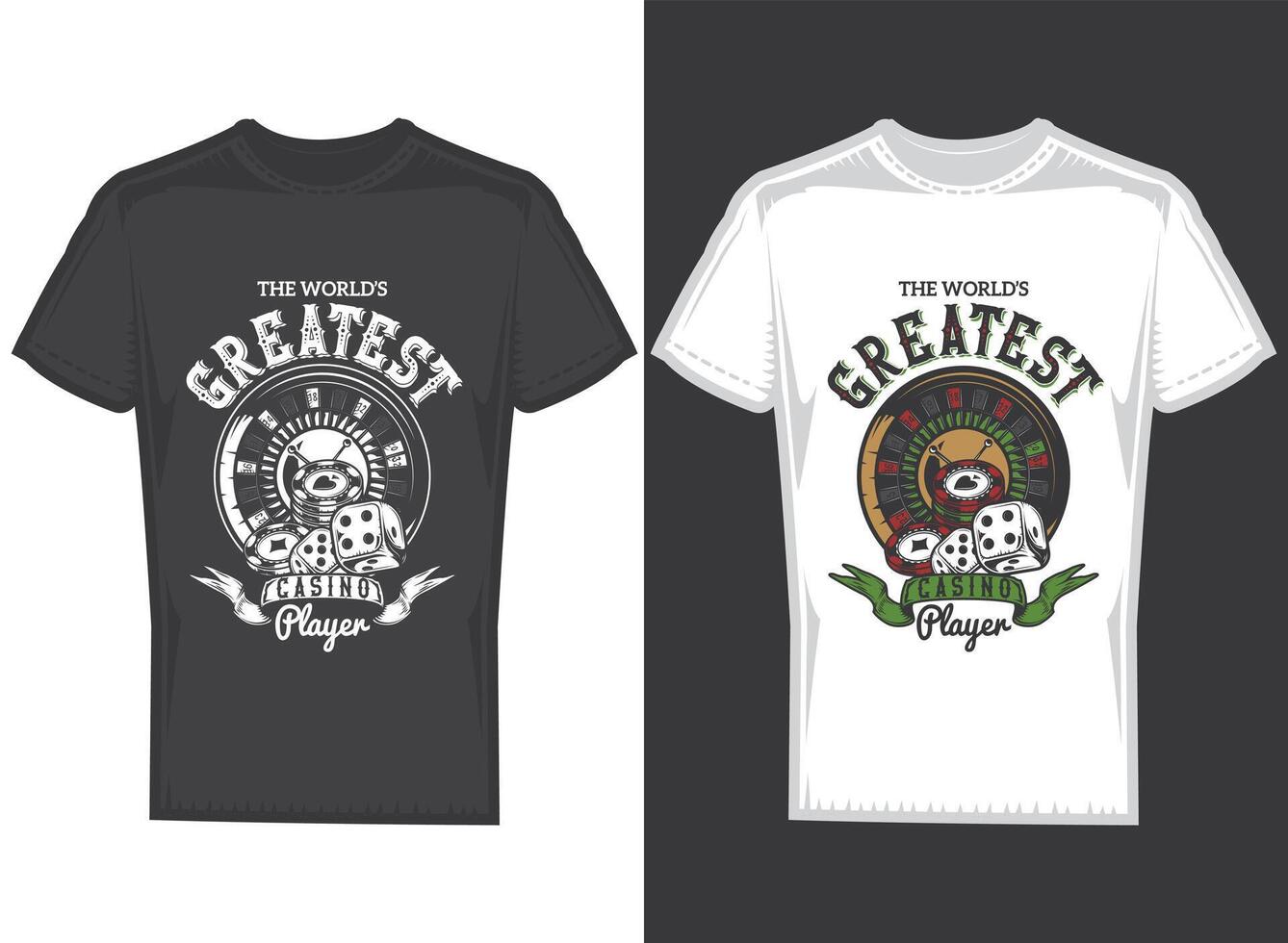 T-shirt design on 2 t-shirts with posters of casino elements cards, chips and roulette. vector