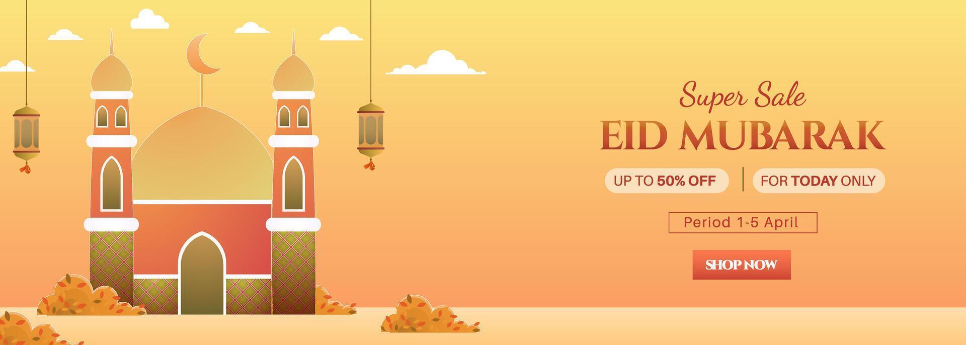 Eid mubarak sale design for banners, posters, greeting cards, and covers, featuring a mosque and Arabic typography in a flat gradient style. vector