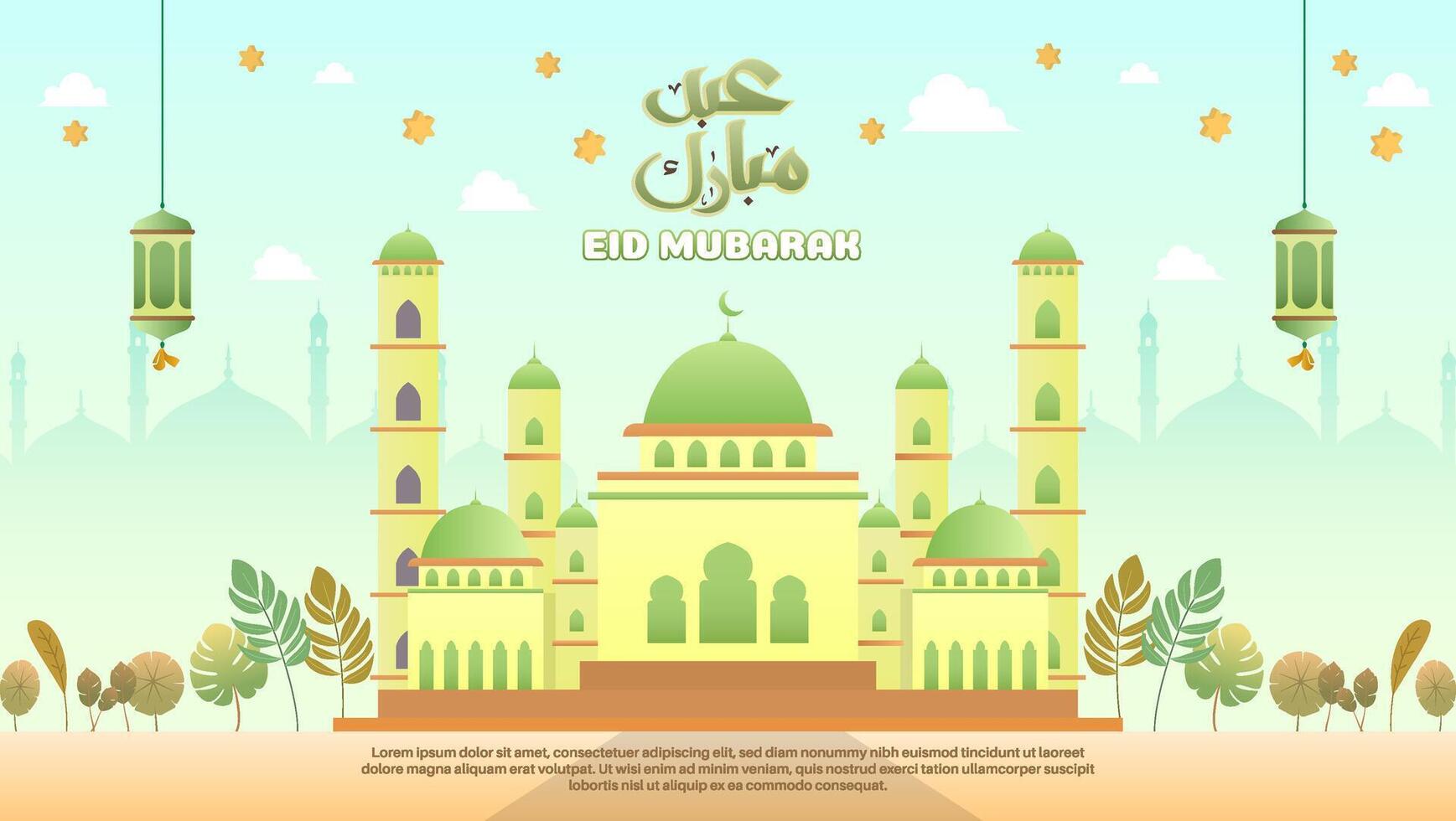 Ramadan Kareem design for banners, posters, greeting cards, and covers, featuring a mosque and Arabic script in a gradient flat style. vector