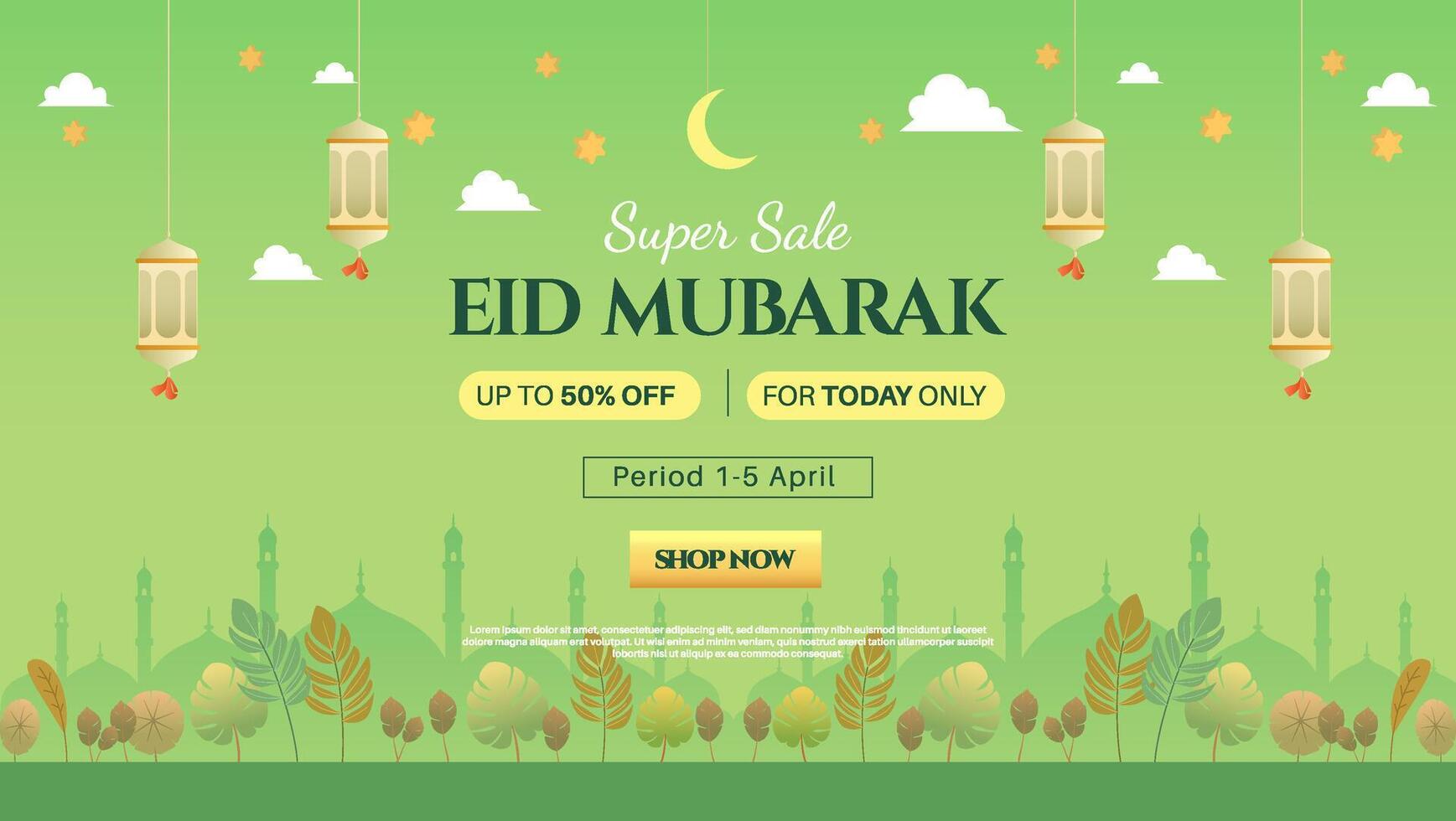 Eid Mubarak sale design for banners, posters, greeting cards, and covers, showcasing a mosque and Arabic typography in a flat gradient style. vector