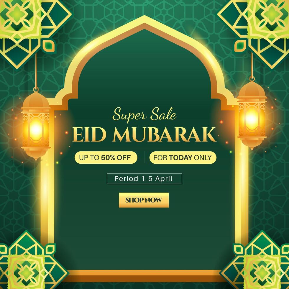 Eid Mubarak Sale for online stores with greetings, showcasing realistic Islamic lanterns and a hanging moon. Illustration template. vector