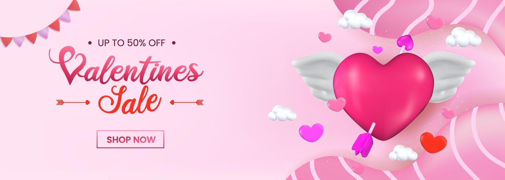 3D Valentines Day design showcasing a heart with wings and romantic elements, perfect for flyers and love themed projects. vector