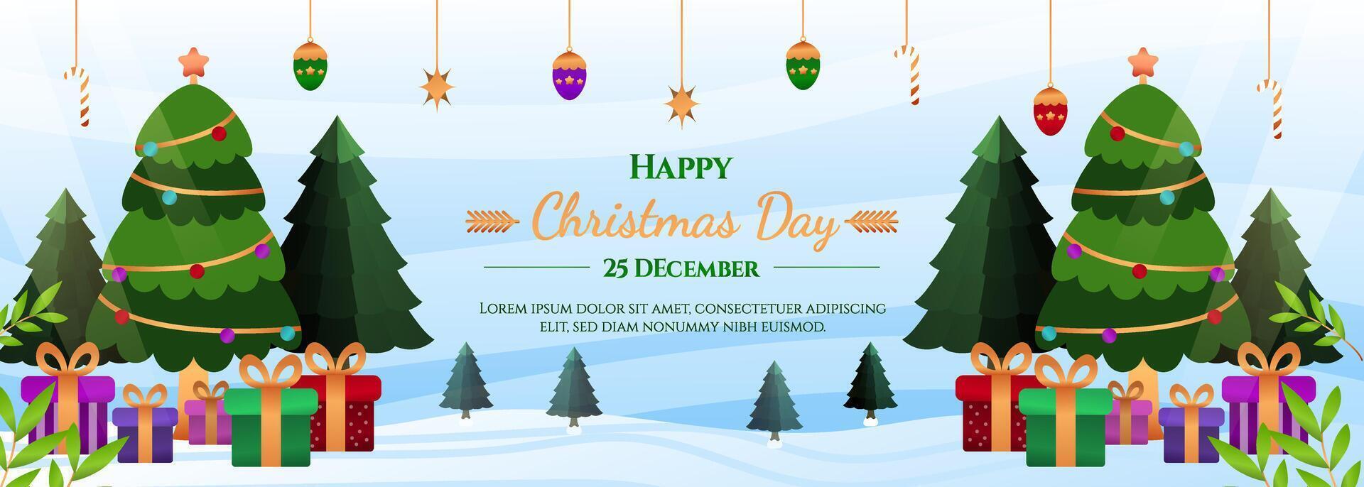 A festive Christmas illustration showcasing a Christmas tree, presents, Santa Claus, and a snowman. vector