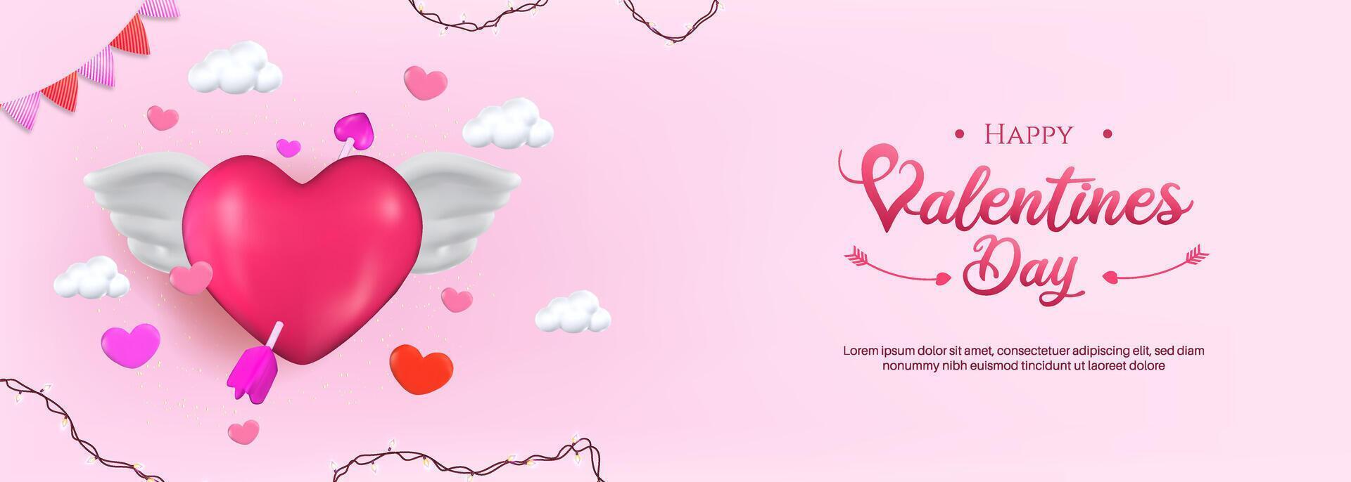 3D romantic Valentine Day composition featuring festive decorative elements, including a heart with wings. perfect for flyers and romantic themes. vector