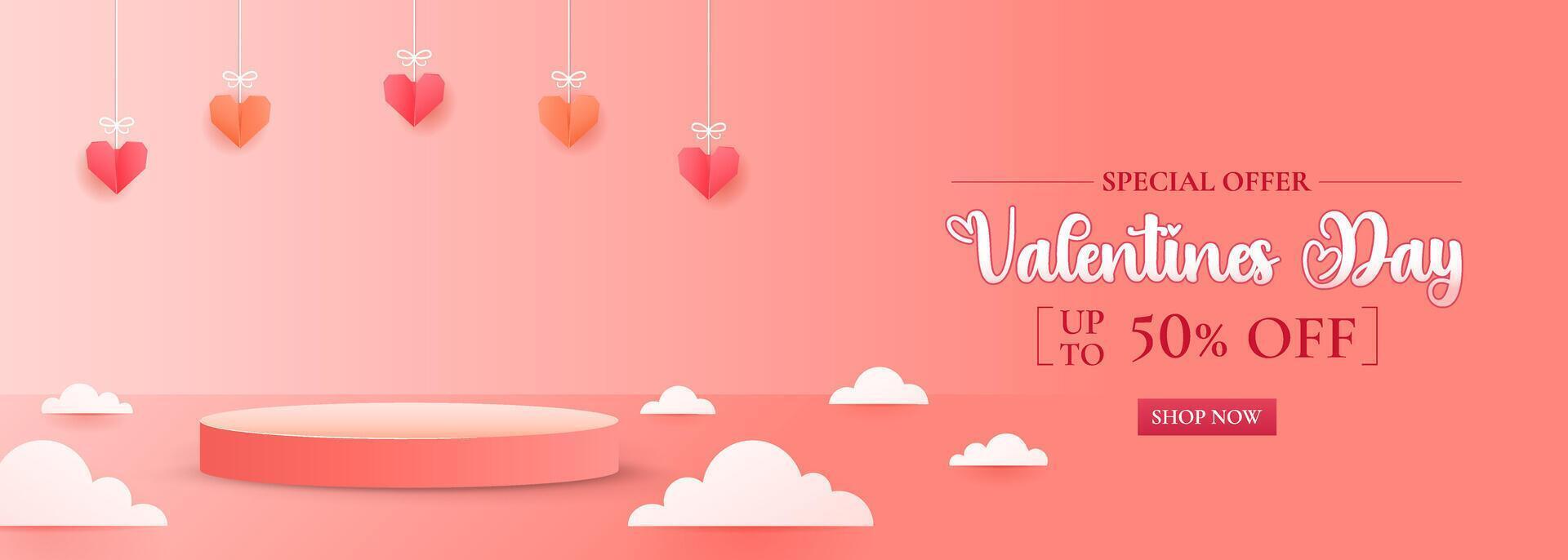 Happy Valentines Day with a stage podium adorned with heart shaped ornaments vector