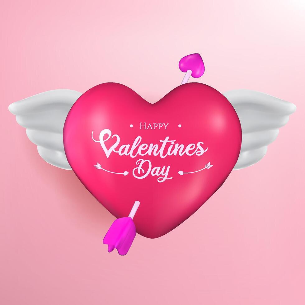 3D Valentines Day design showcasing a heart with wings and romantic details, ideal for flyers and love themed projects. vector