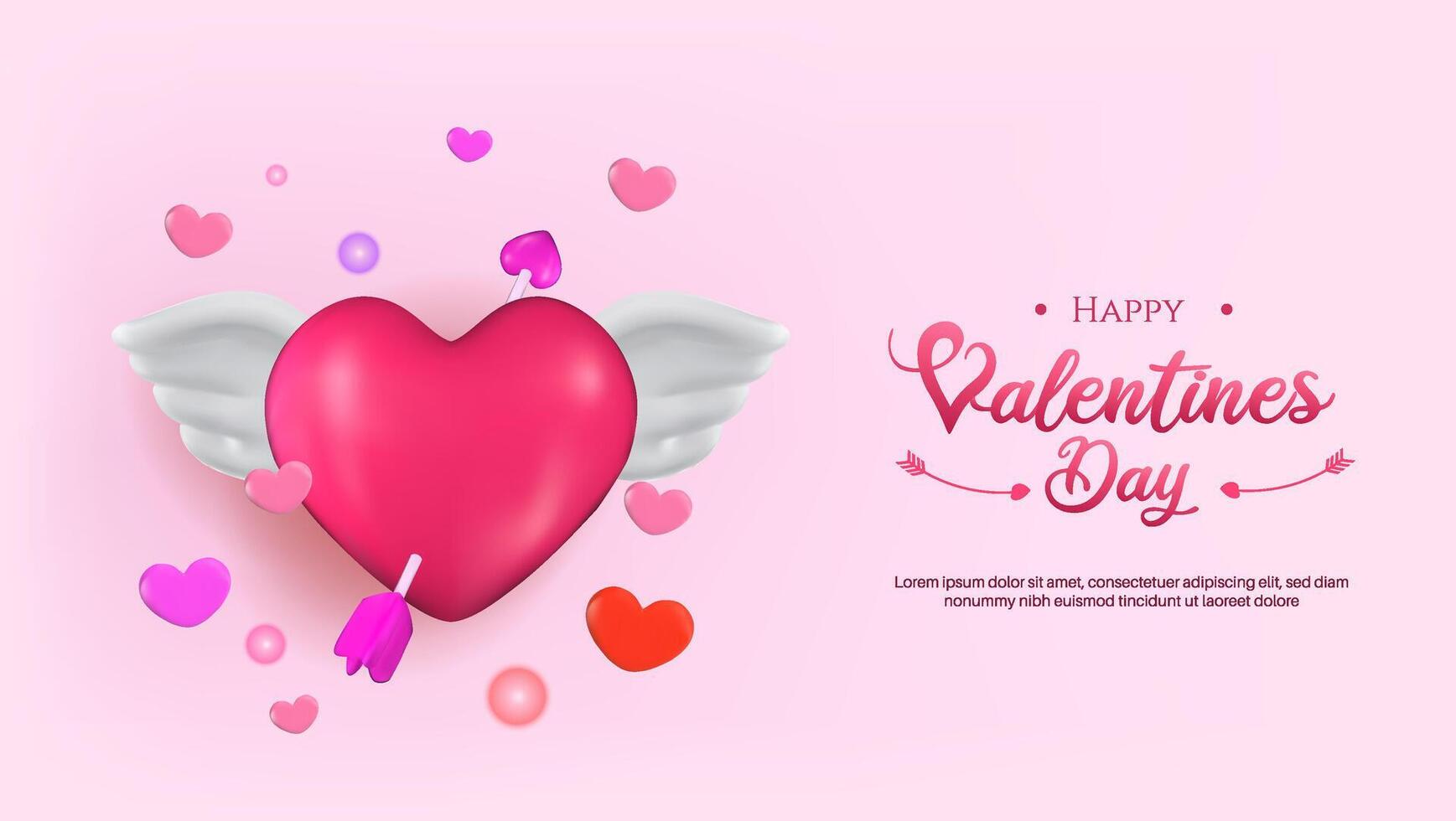 3D Valentines Day design featuring a heart with wings and romantic decorations, perfect for flyers and love themed creations. vector