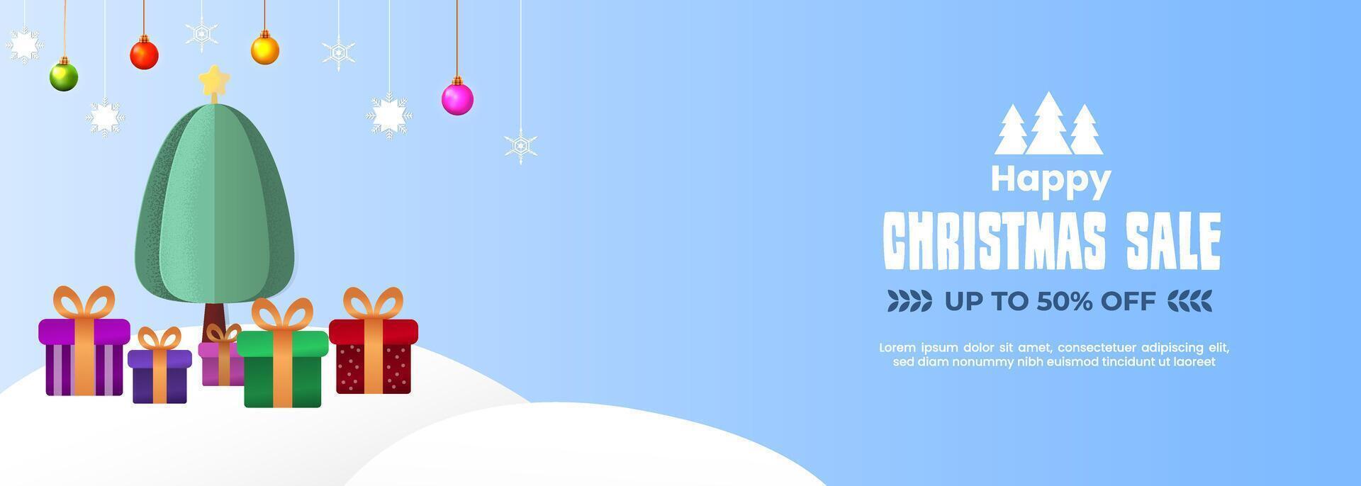 Illustration of a Christmas sale showcasing a Christmas tree, gifts, and decorative hanging lights. vector