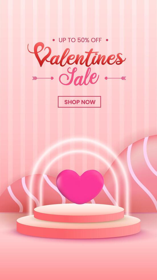3D Valentines Day composition with festive decorations, a realistic podium, and a heart, ideal for flyers and product displays. vector