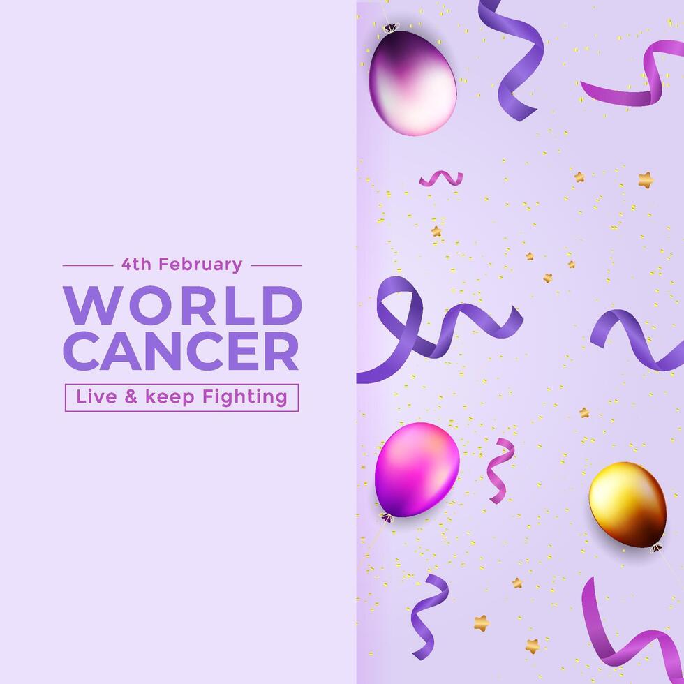 A National Cancer Awareness Day design featuring a purple ribbon and balloons, perfect for events. vector