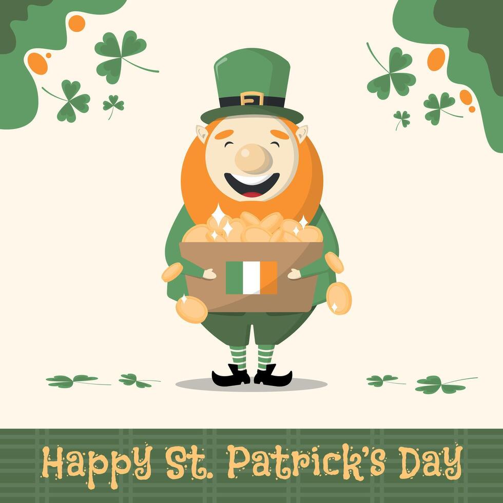 Happy Saint Patrick's Day Poster. Cute leprechaun carrying a box containing a pile of coins vector
