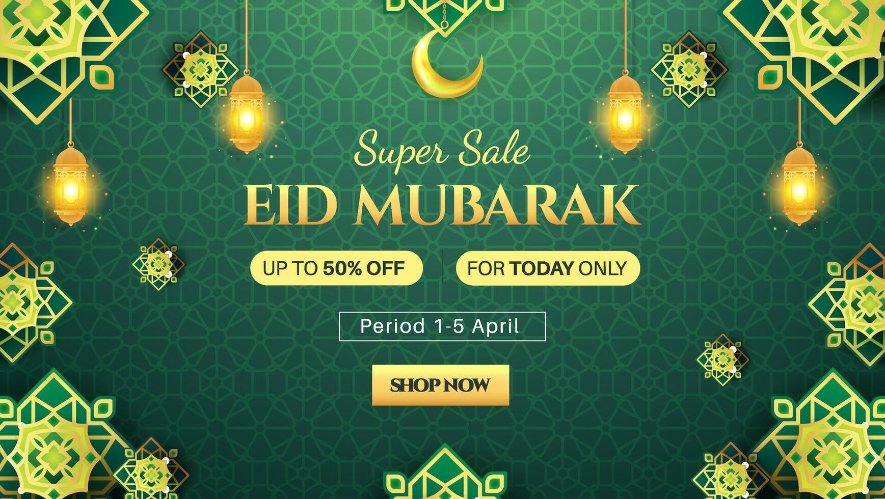 Eid Mubarak Sale for Online Stores with greetings, featuring realistic Islamic lanterns and a hanging moon. illustration template. vector