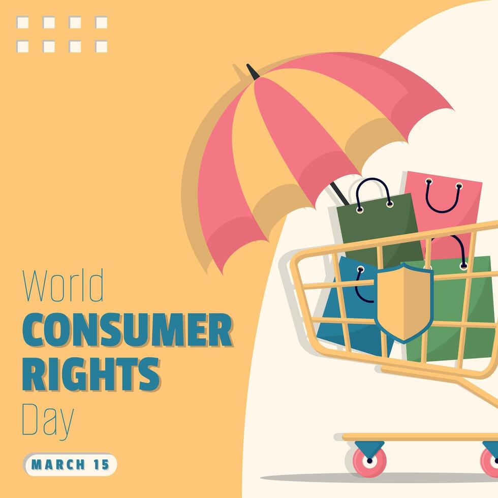 World Consumer Rights Day Poster. Shopping trolley protected by umbrella vector