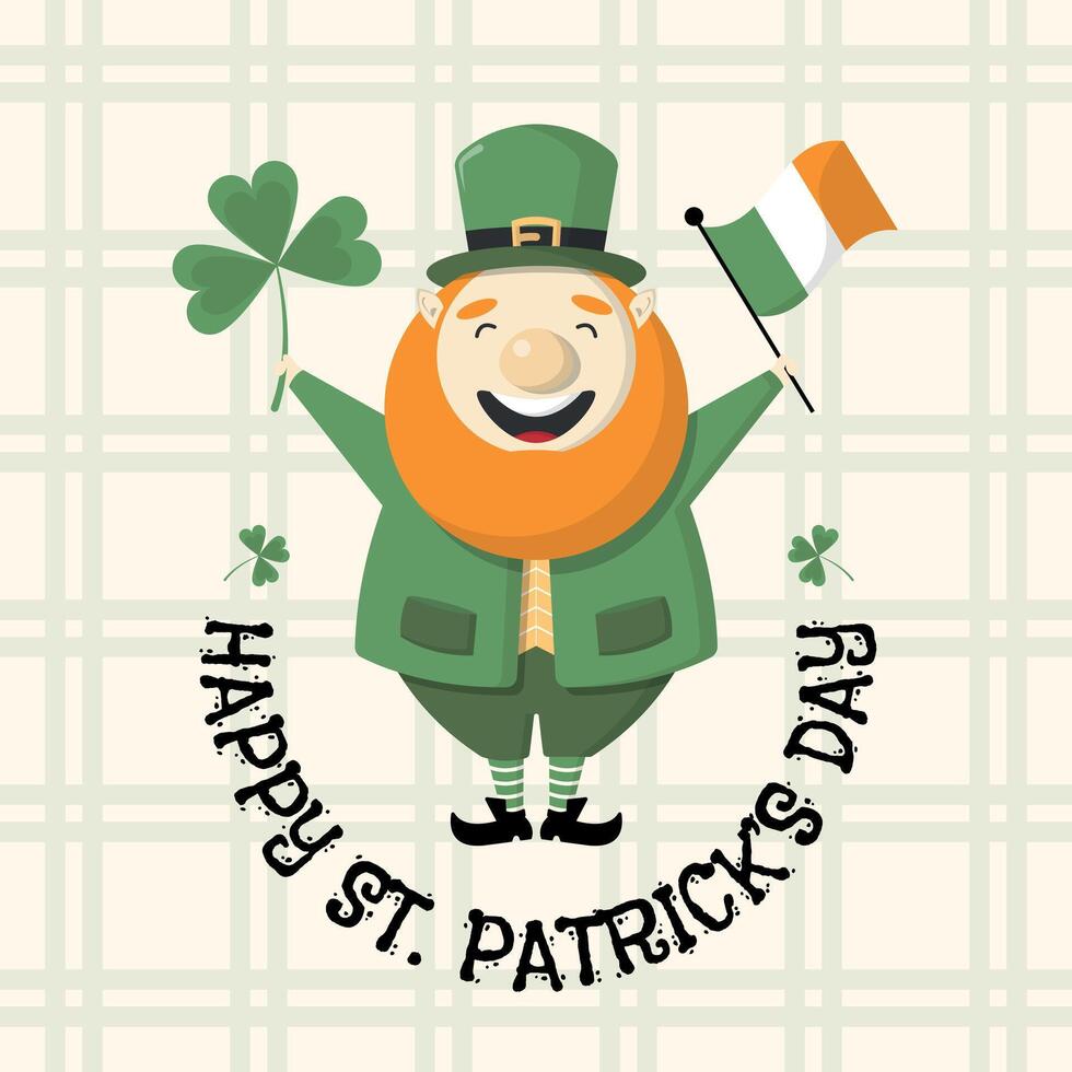 Happy Saint Patrick's Day Poster. Cute leprechaun carrying a clover leaf and an Irish flag vector