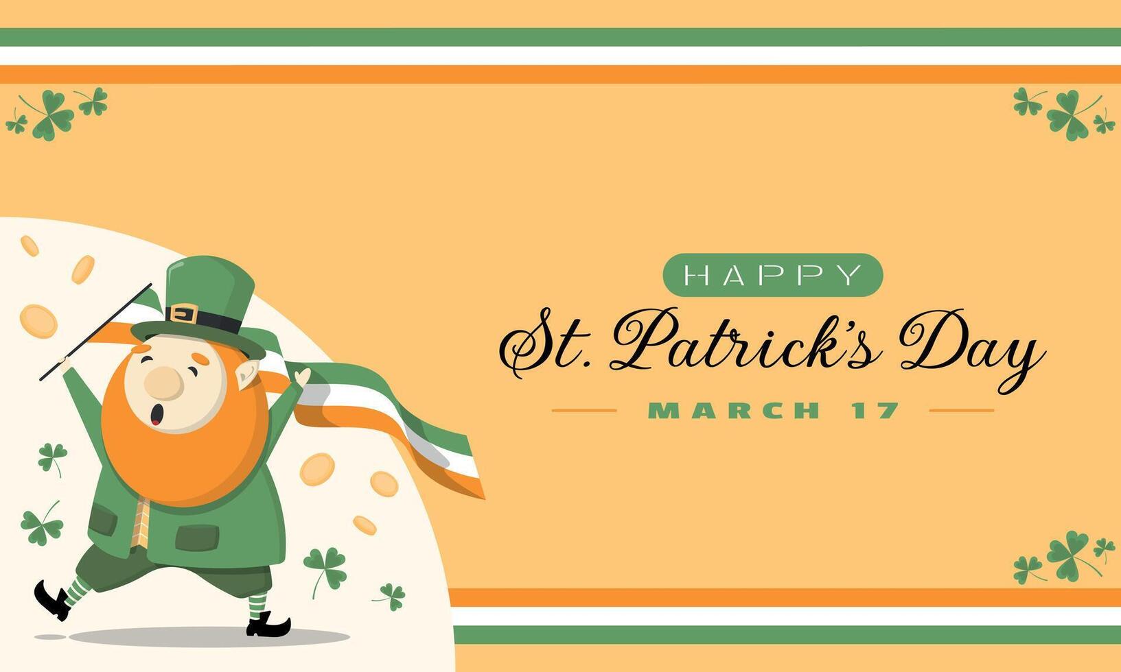 Happy Saint Patrick's Day Poster. Happy cute leprechaun waving flag vector