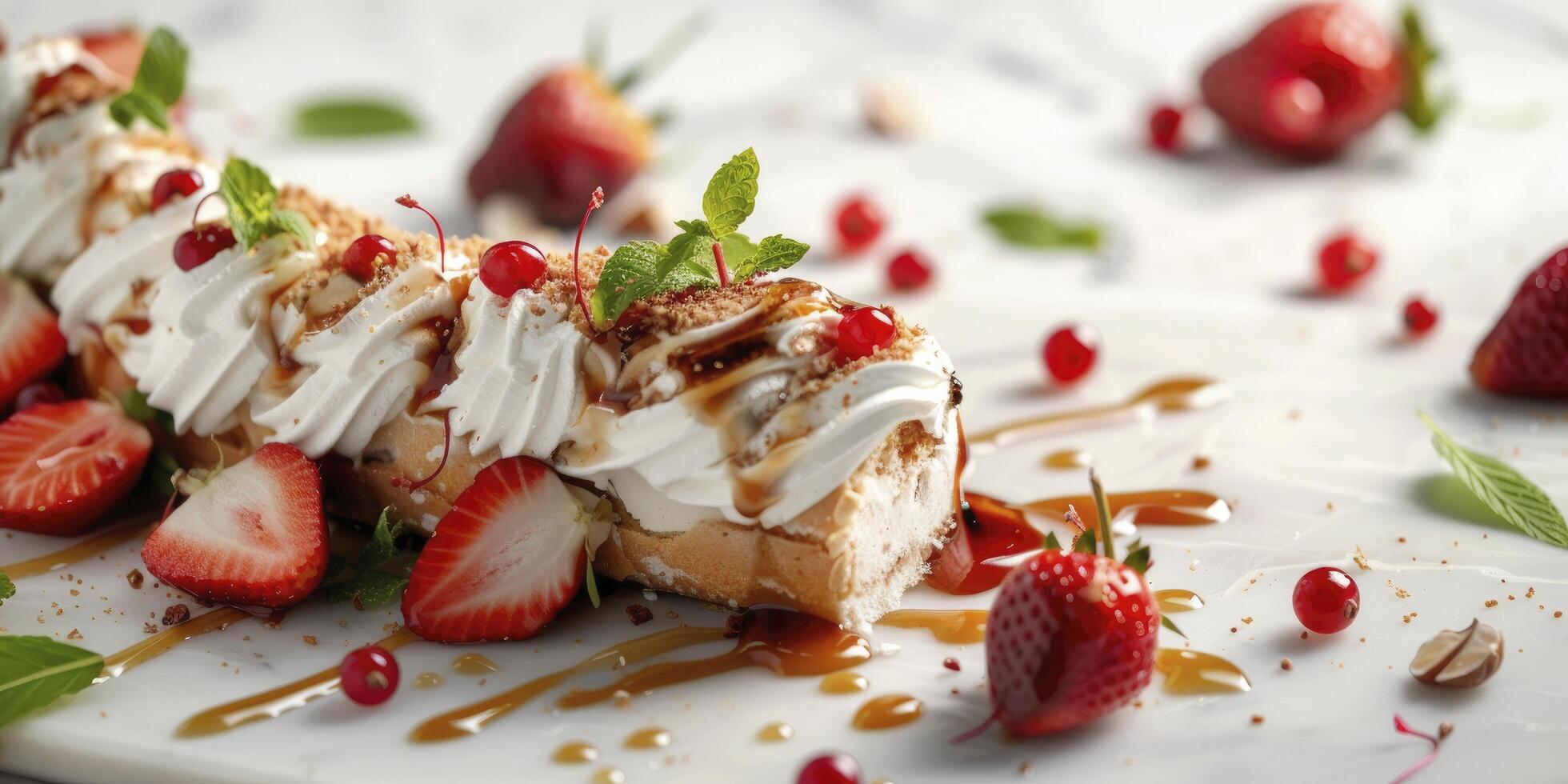 Delicious Cake Roll with Strawberries and Cream on White Table, Close-Up, with Syrup, Food Photography on a Light Background photo