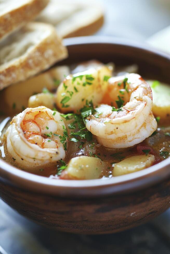 bowl of seafood stew with Shrimp and baked potatoes in tomato sauce with bread on wooden background photo