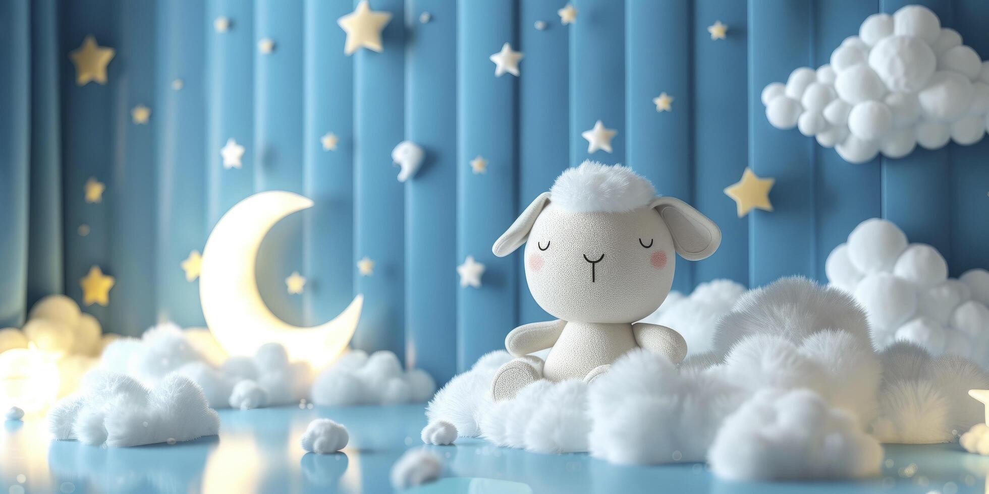 Blue Background Resembling the Night Sky with Small Bright Stars and a Cute Full Moon, Fluffy Clouds on the Floor with Little Cute Sheep - Ramadan Kareem Eid Mubarak Concept photo